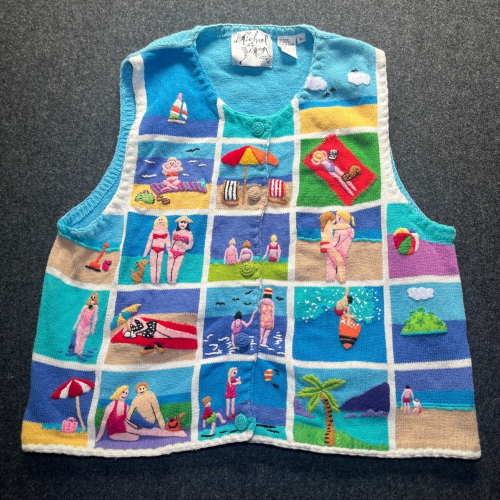 Michael Simon Sweater Vest Women XL Blue Beach Theme Knit 3D Applique